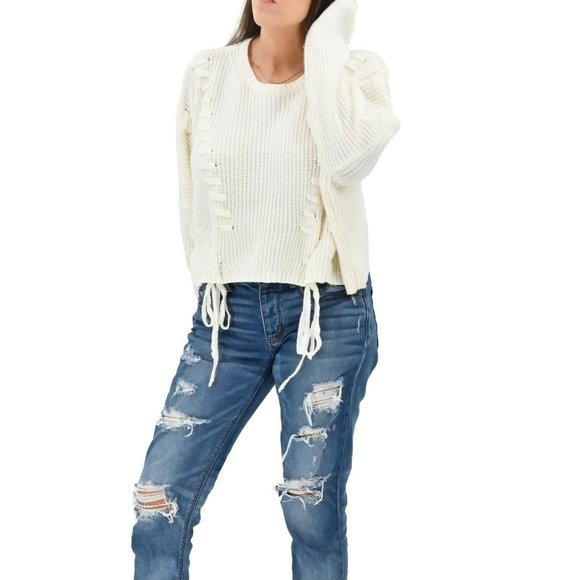 SAGE The Label Womens Size S Ivory Chunky Knit Pullover Crop Sweater Whipstich